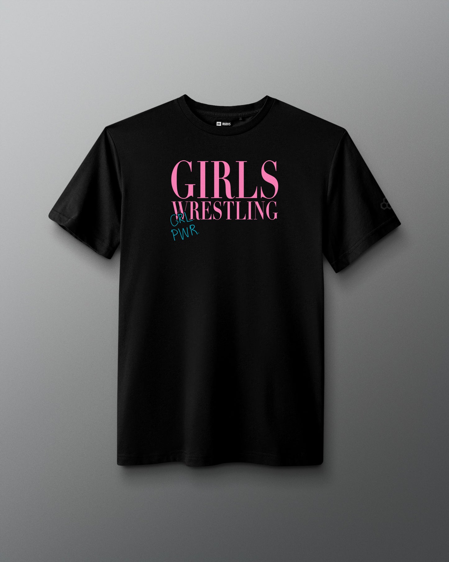 Black t-shirt with 'Girls Wrestling' text in pink and blue on a gray background