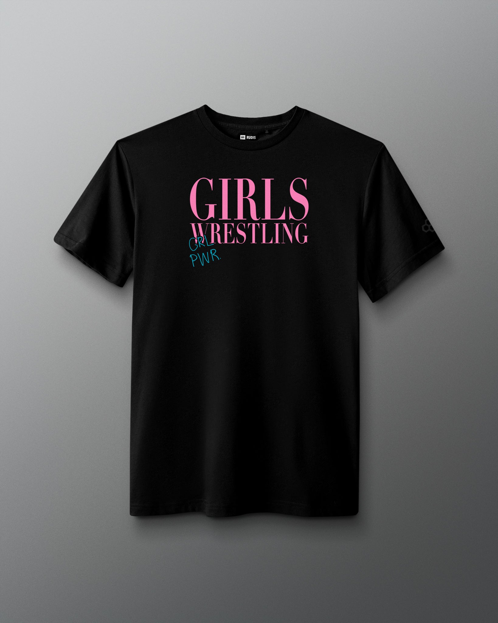 Black t-shirt with 'Girls Wrestling' text in pink and blue on a gray background