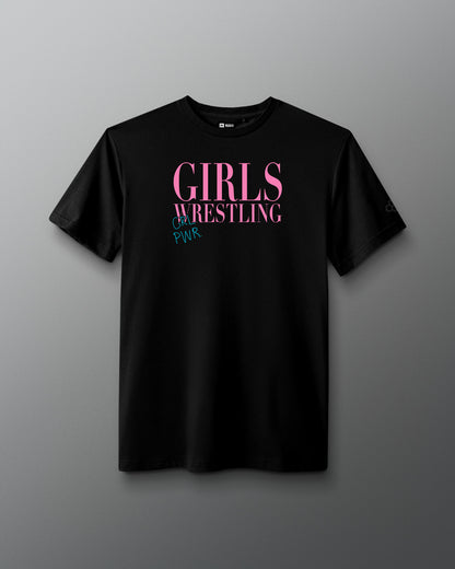Black t-shirt with 'Girls Wrestling' text in pink and blue on a gray background