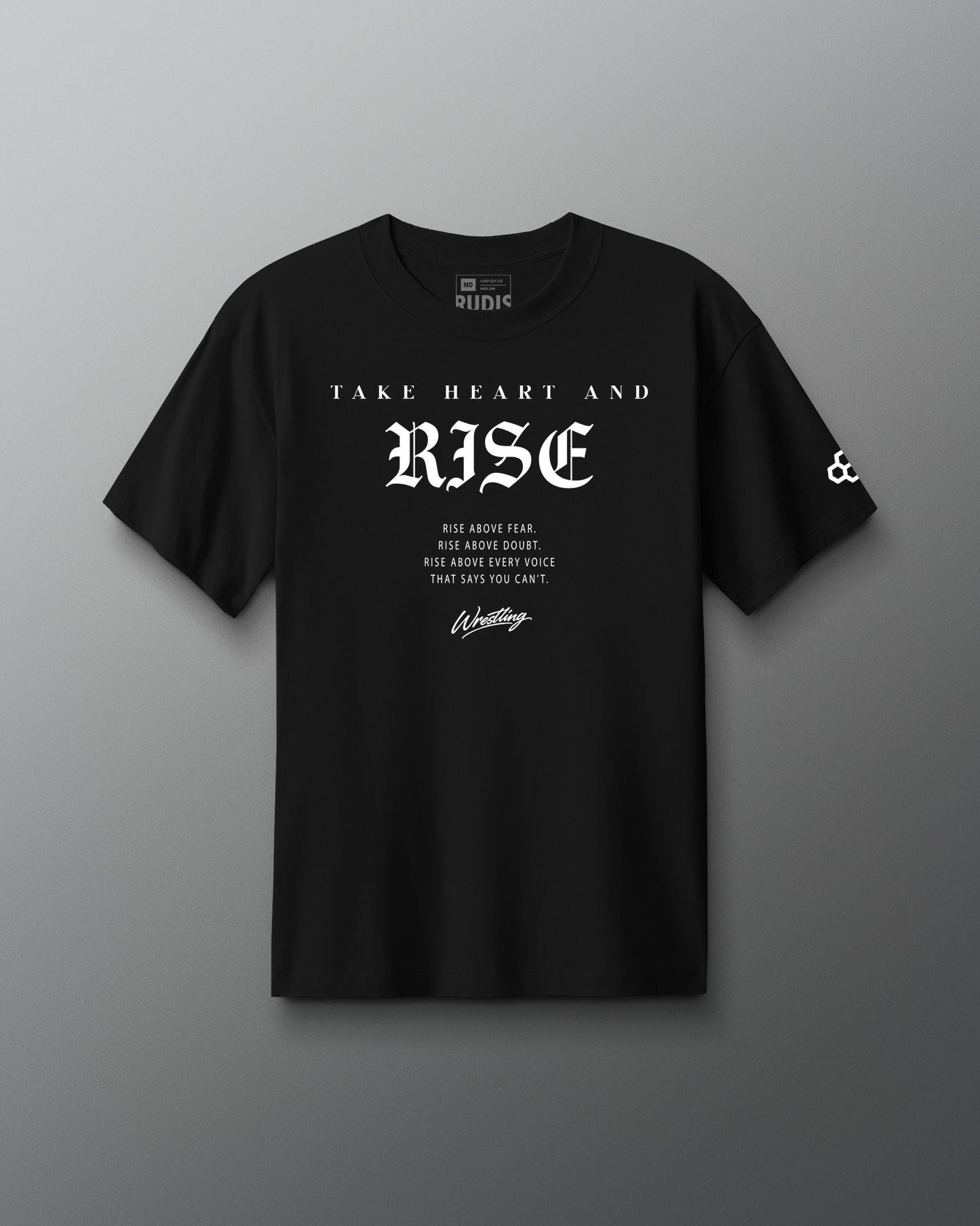 Black t-shirt with 'Take Heart and Rise' text on a gray background