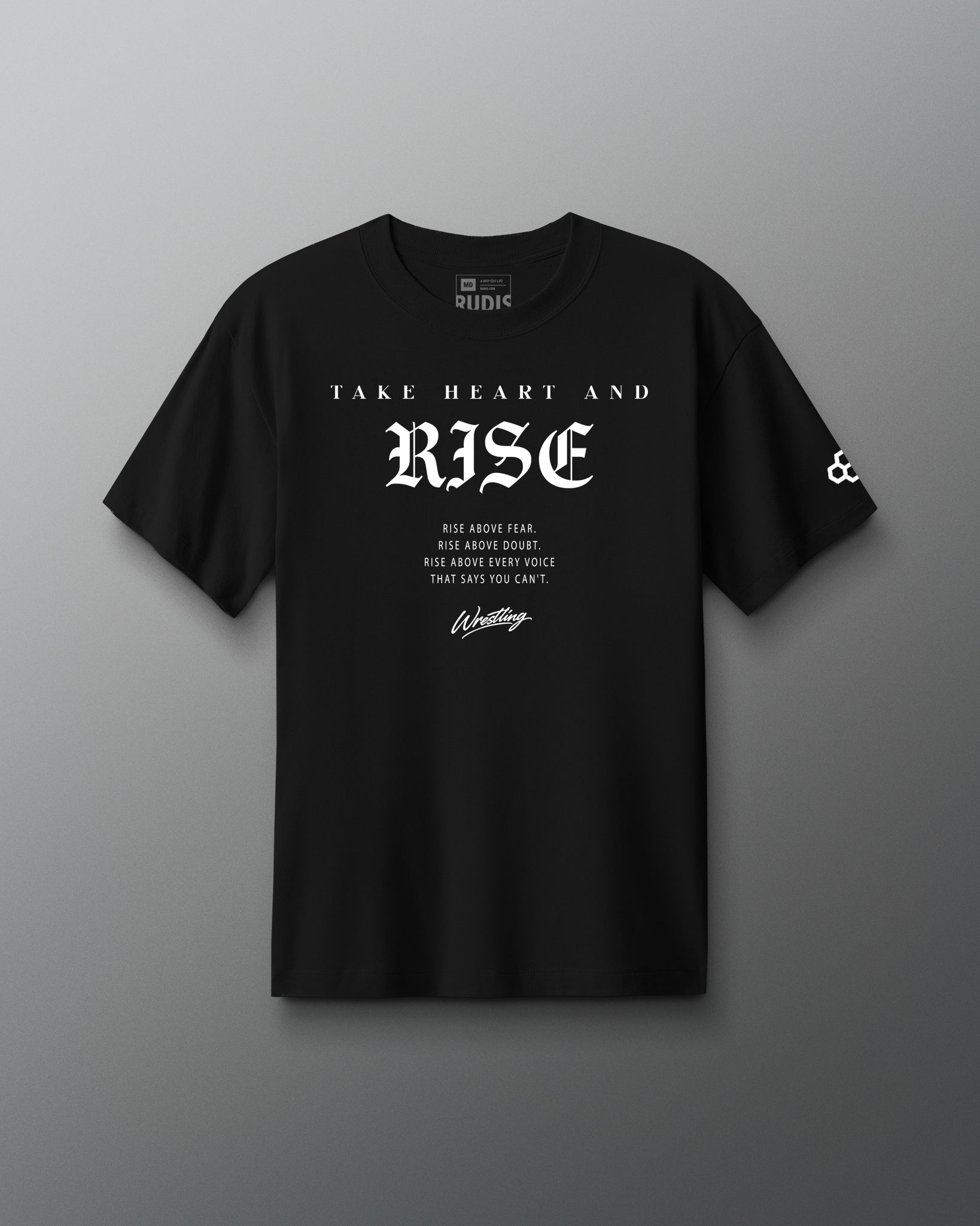 Black t-shirt with 'Take Heart and Rise' text on a gray background