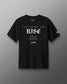 Black t-shirt with 'Take Heart and Rise' text on a gray background