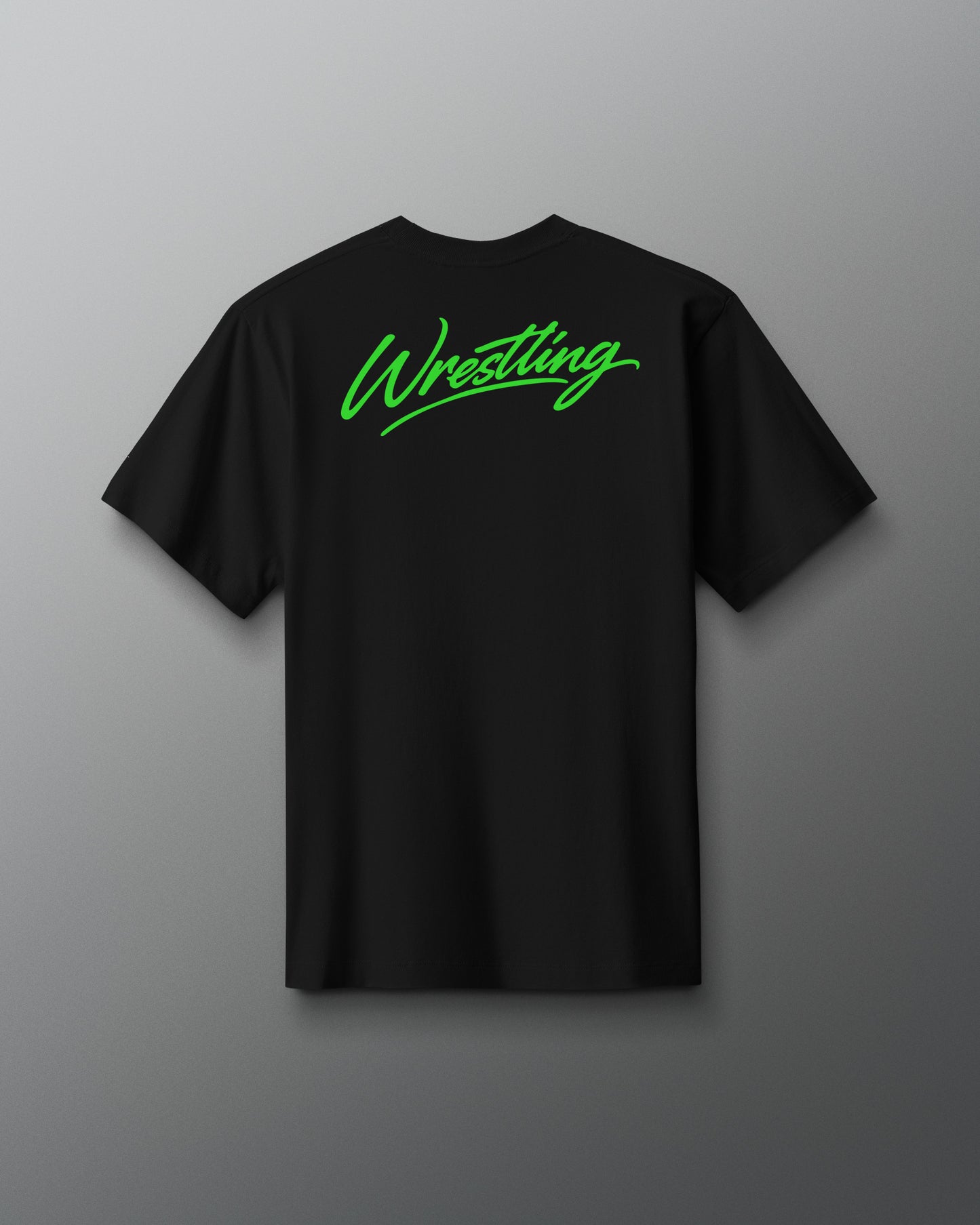 Black t-shirt with 'Wrestling' in green on a gray background