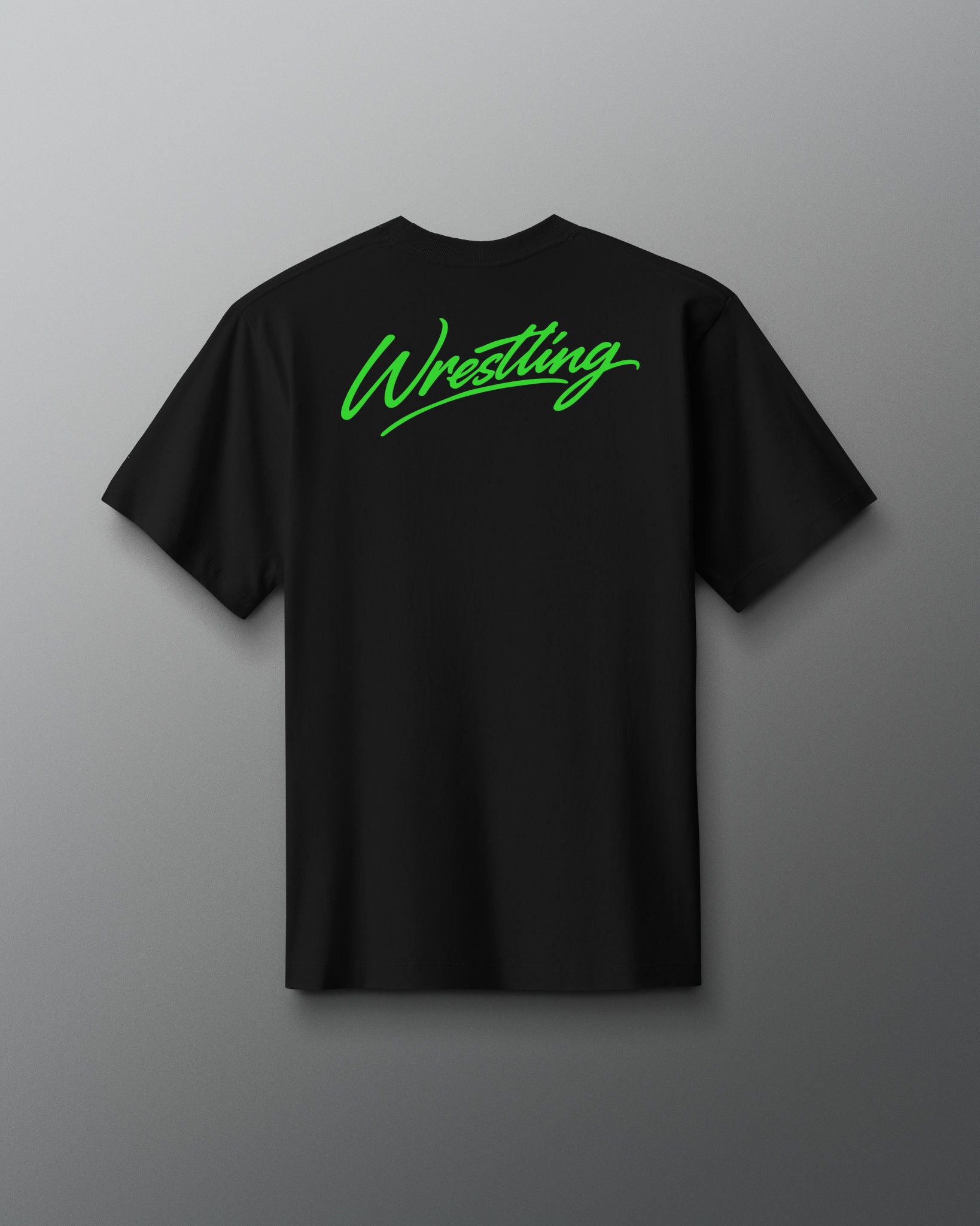Black t-shirt with 'Wrestling' in green on a gray background