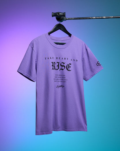 Purple t-shirt with text on a hanger against a gradient background