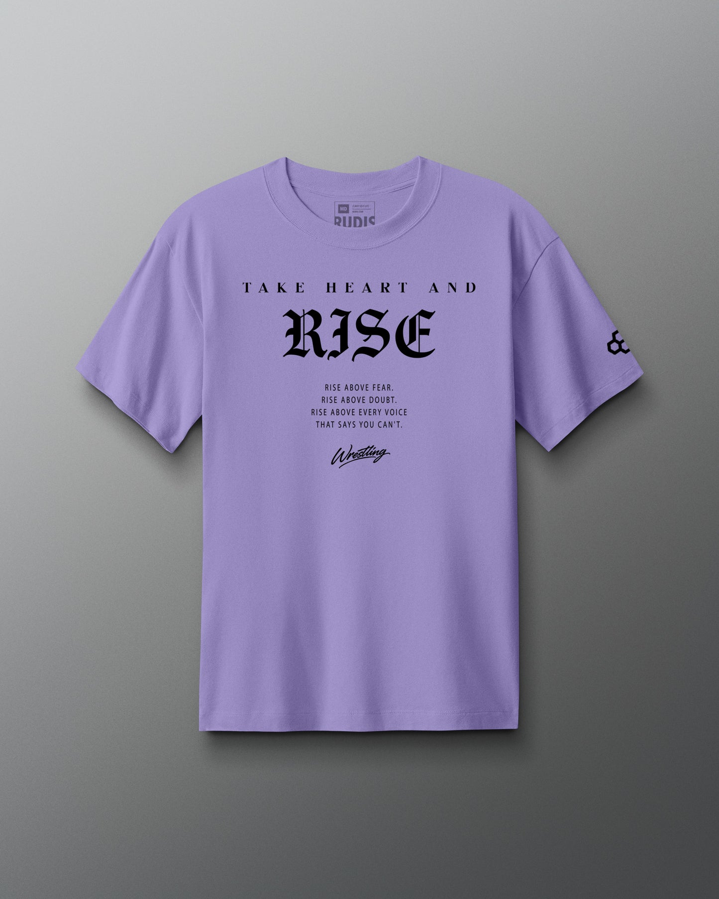 Purple t-shirt with 'Take Heart and Rise' text on a gray background