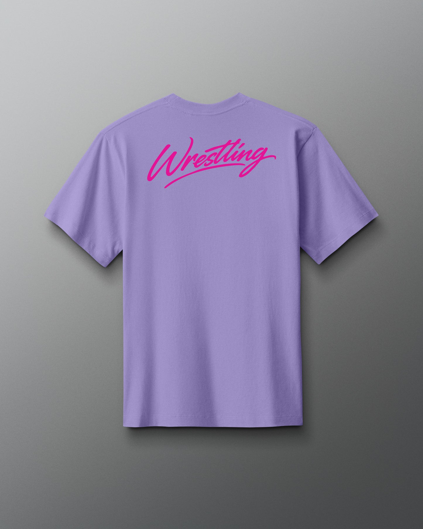 Purple t-shirt with 'Wrestling' written in pink on a gray background