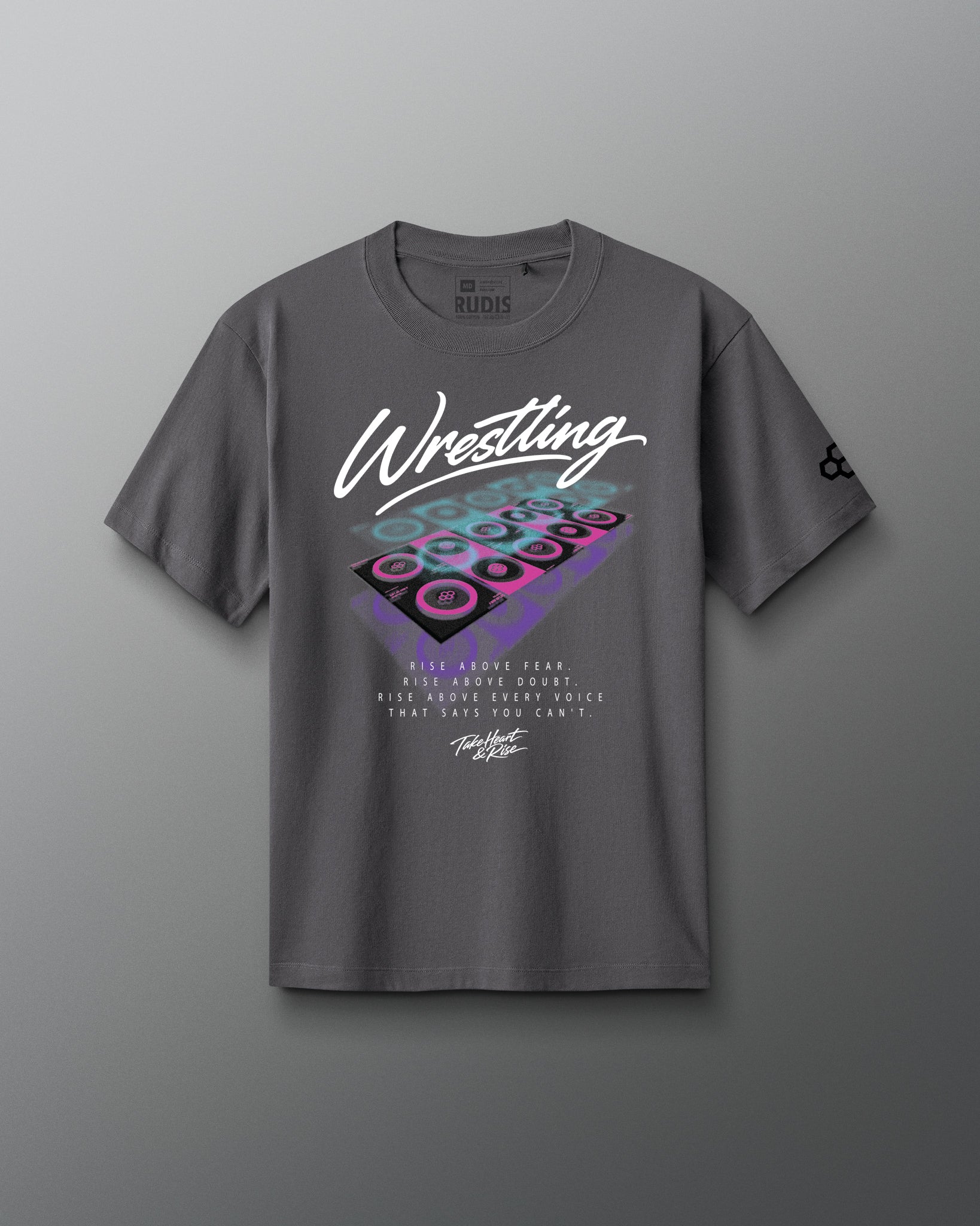 Gray t-shirt with colorful 'Wrestling' graphic design on a gray background