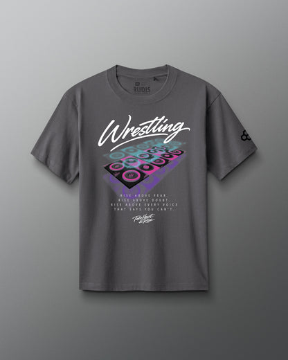 Gray t-shirt with colorful 'Wrestling' graphic design on a gray background