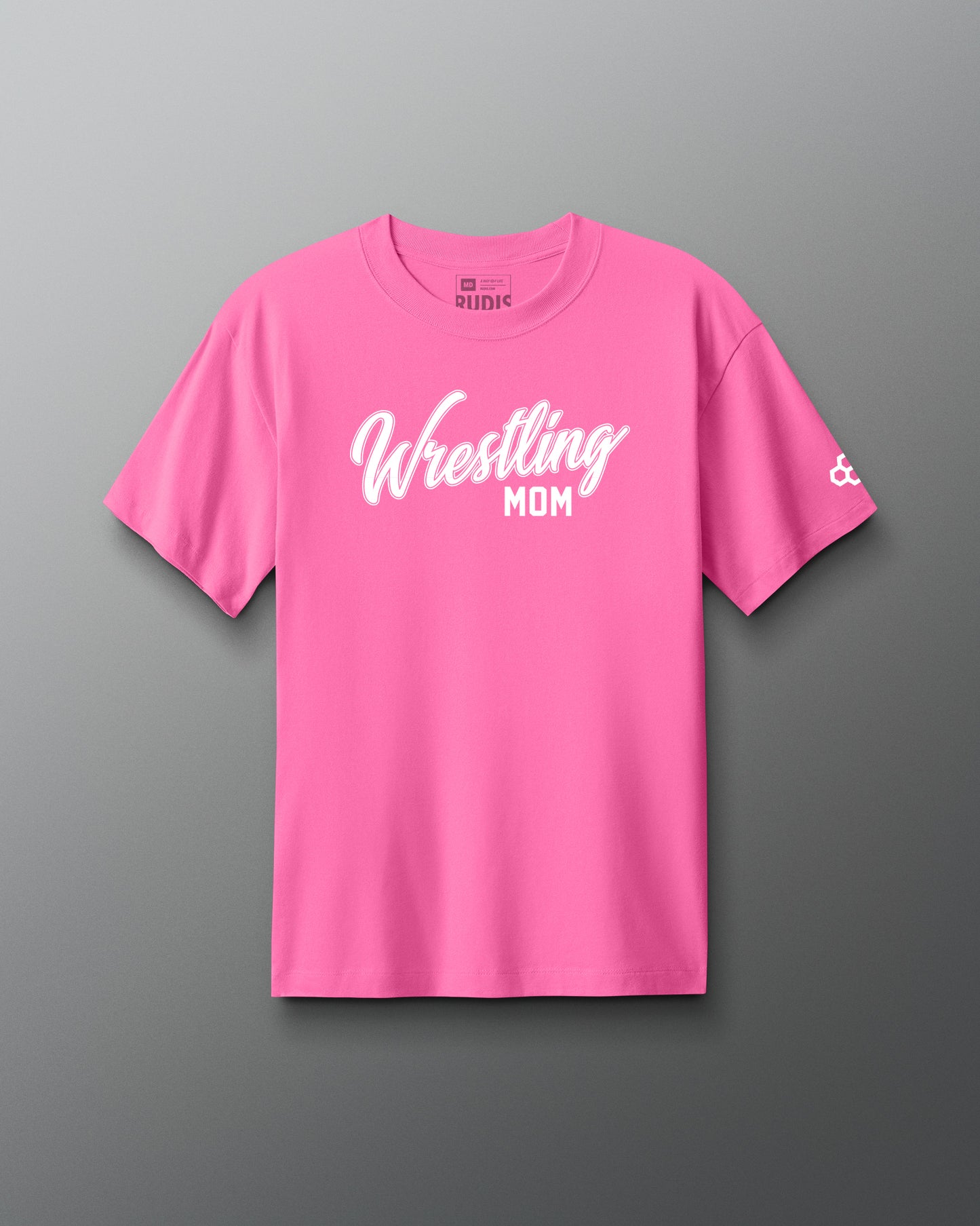 Pink t-shirt with 'Wrestling Mom' text on a gray background