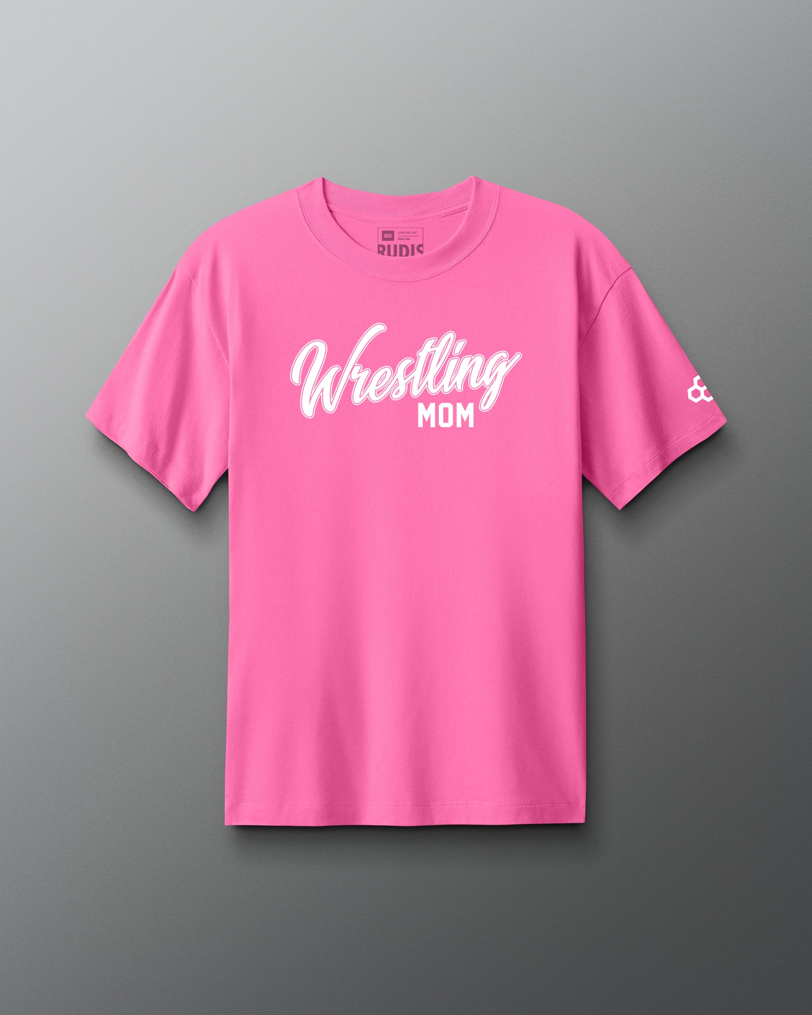 Pink t-shirt with 'Wrestling Mom' text on a gray background