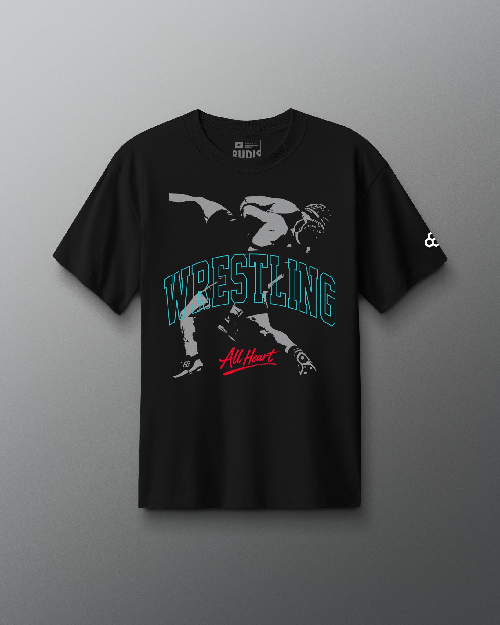 Black t-shirt with wrestling graphic and text on a gray background