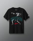Black t-shirt with wrestling graphic and text on a gray background