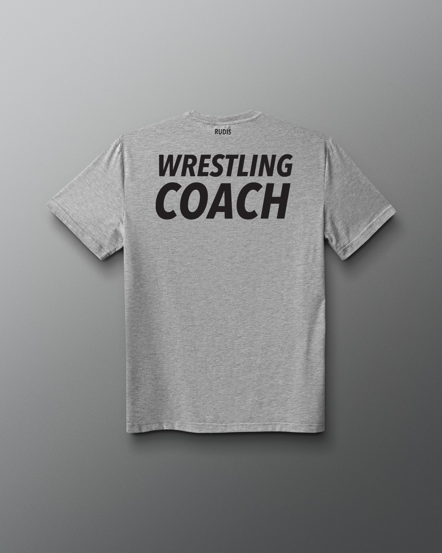 Gray t-shirt with 'Wrestling Coach' text on the back against a gray background