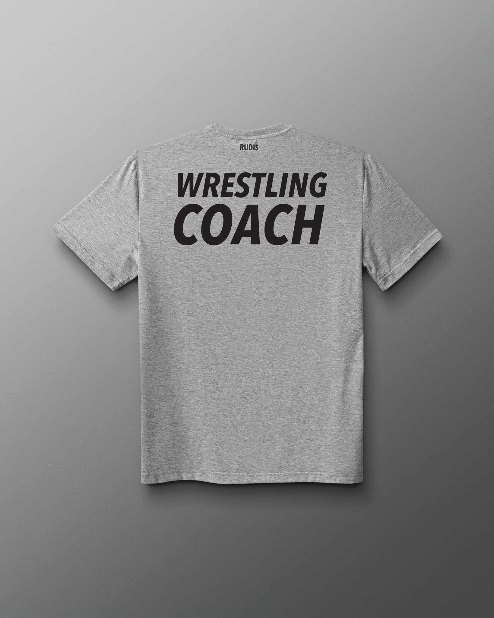 Gray t-shirt with 'Wrestling Coach' text on the back against a gray background