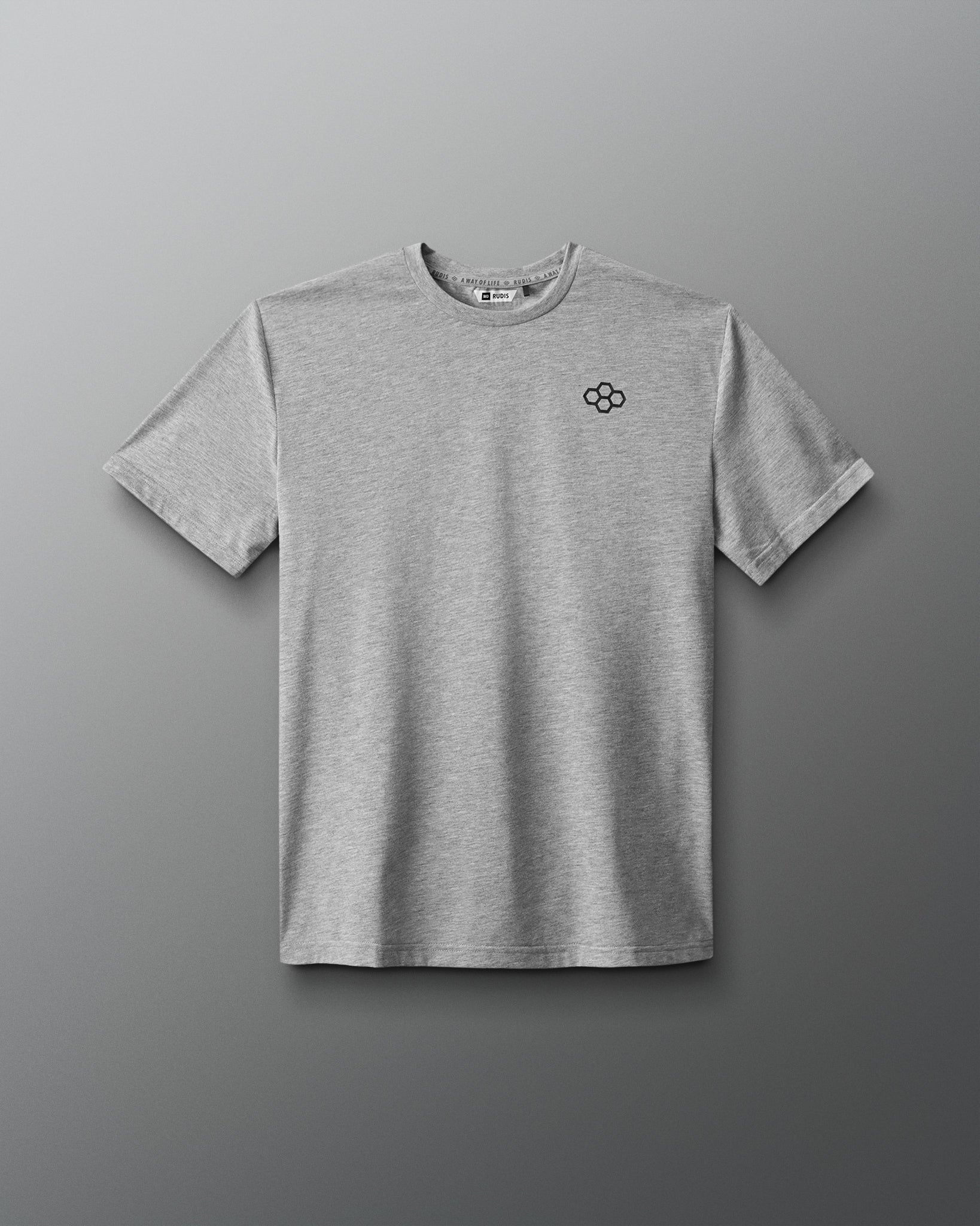 Gray t-shirt with a small logo on a gray background