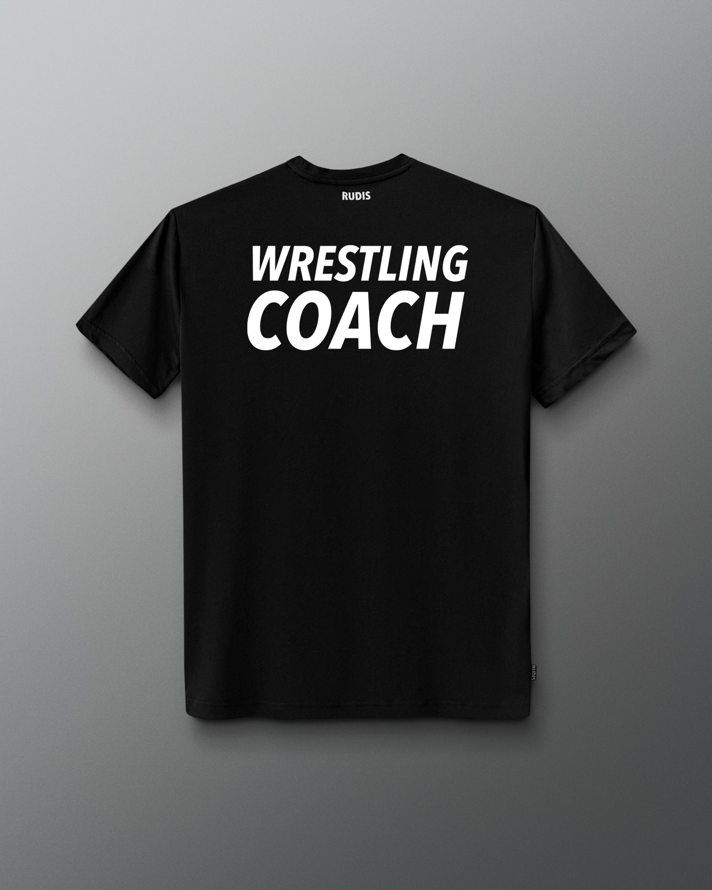 Black t-shirt with 'Wrestling Coach' text on a gray background