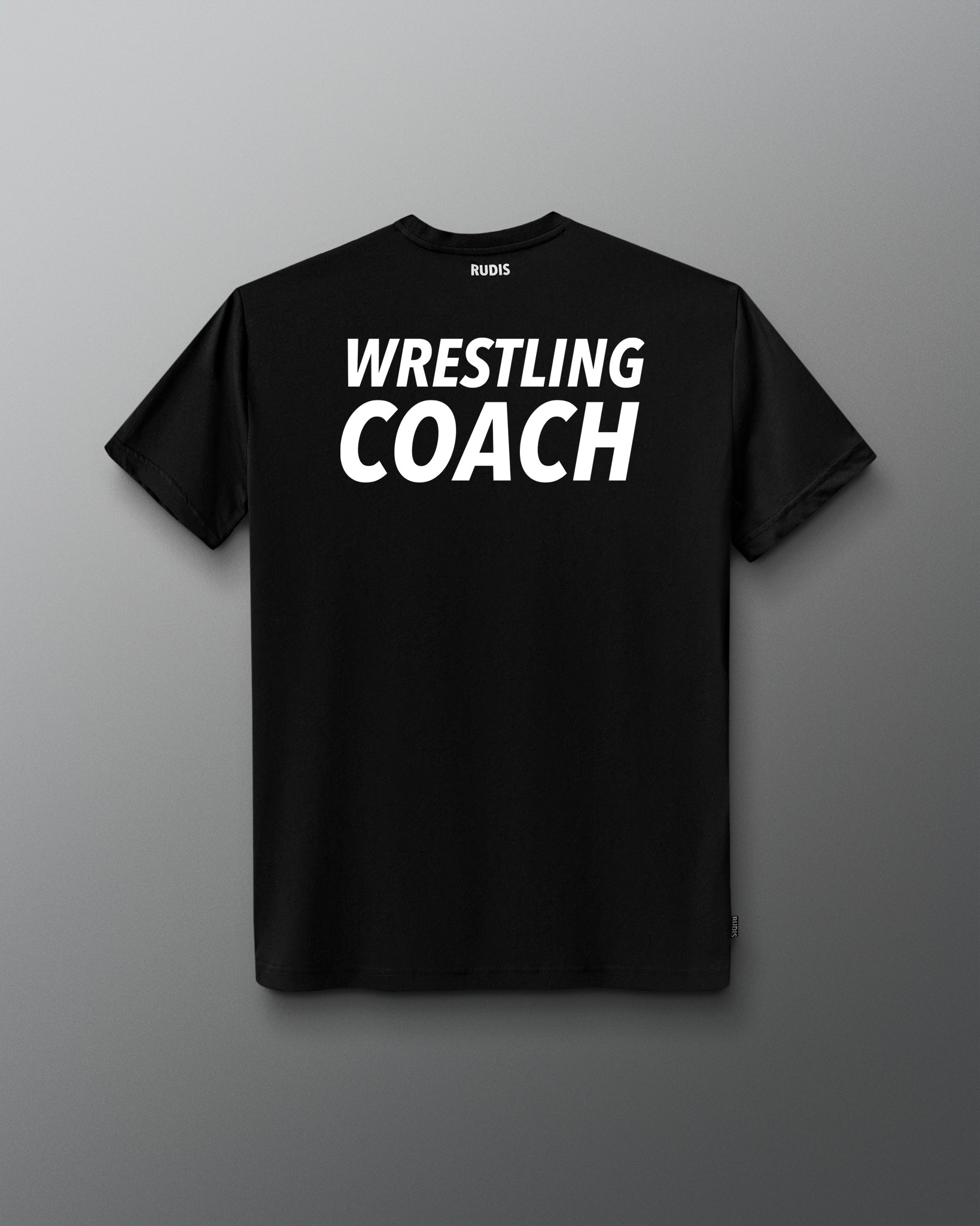 Black t-shirt with 'Wrestling Coach' text on a gray background