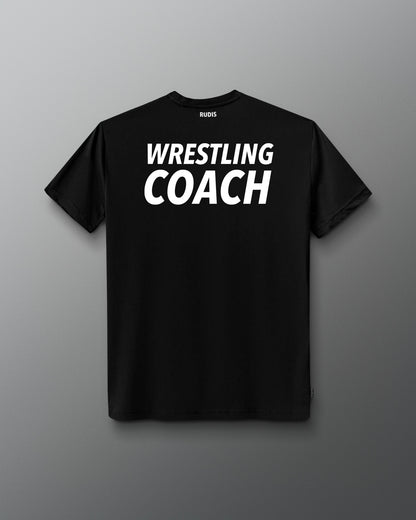 Black t-shirt with 'Wrestling Coach' text on a gray background