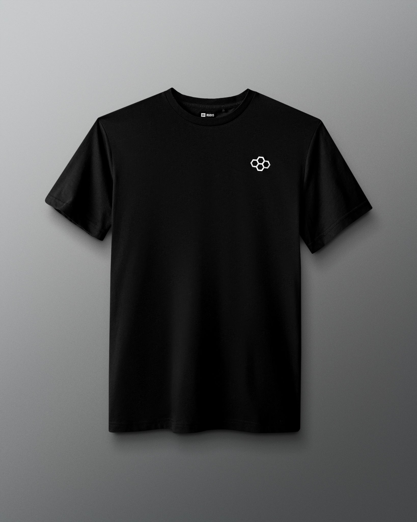 Black t-shirt with a white logo on a gray background