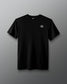 Black t-shirt with a white logo on a gray background