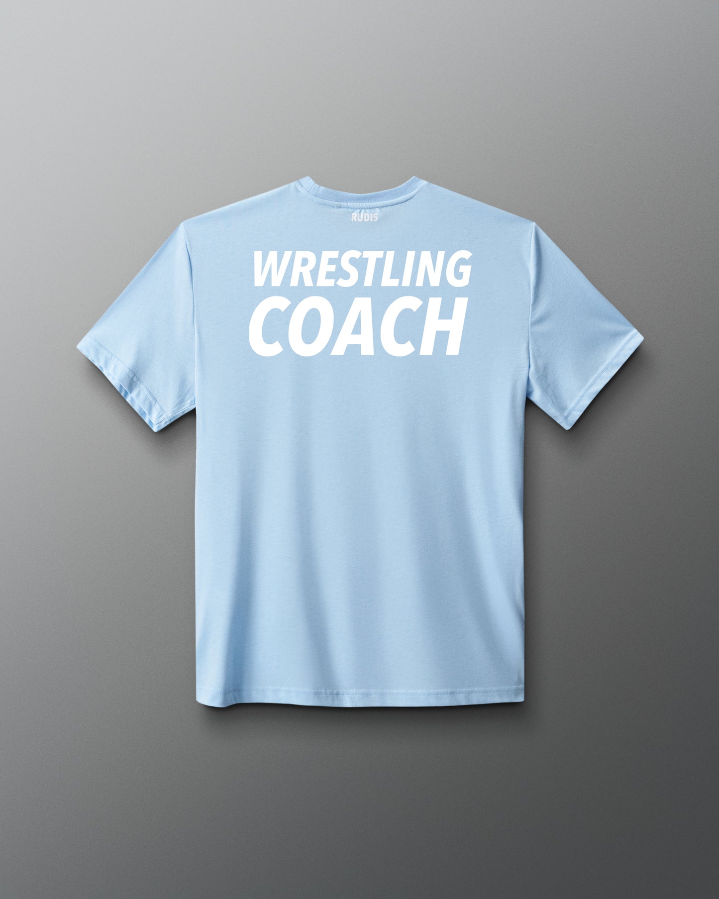 Light blue t-shirt with 'Wrestling Coach' text on a gray background
