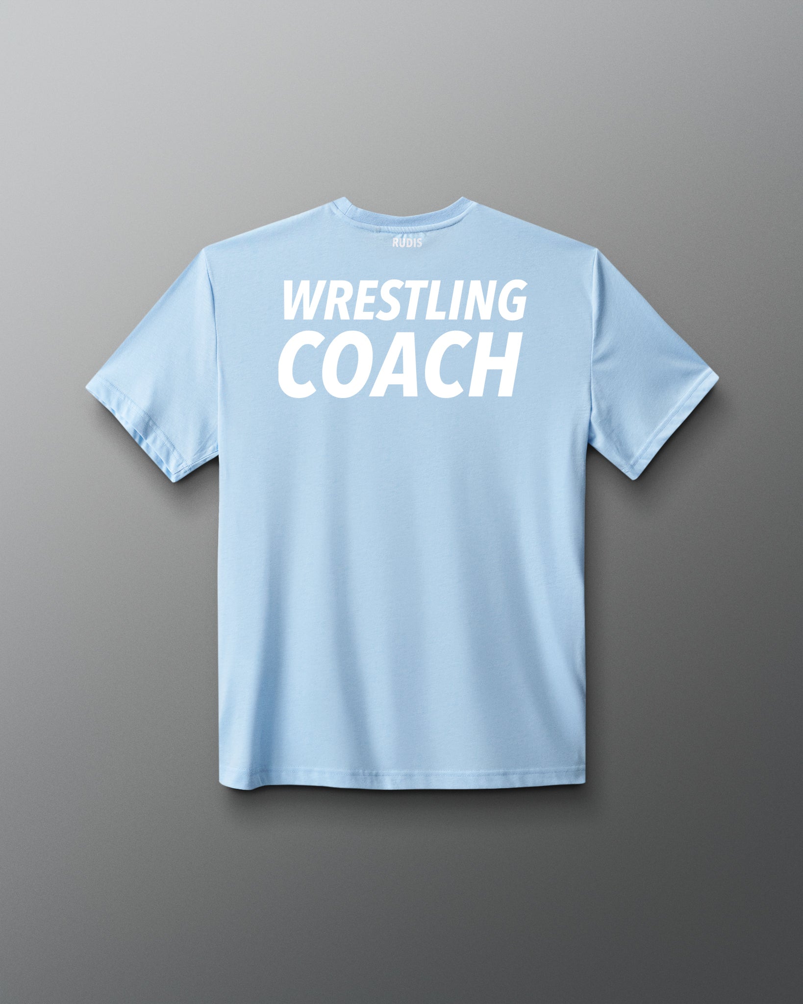 Light blue t-shirt with 'Wrestling Coach' text on a gray background