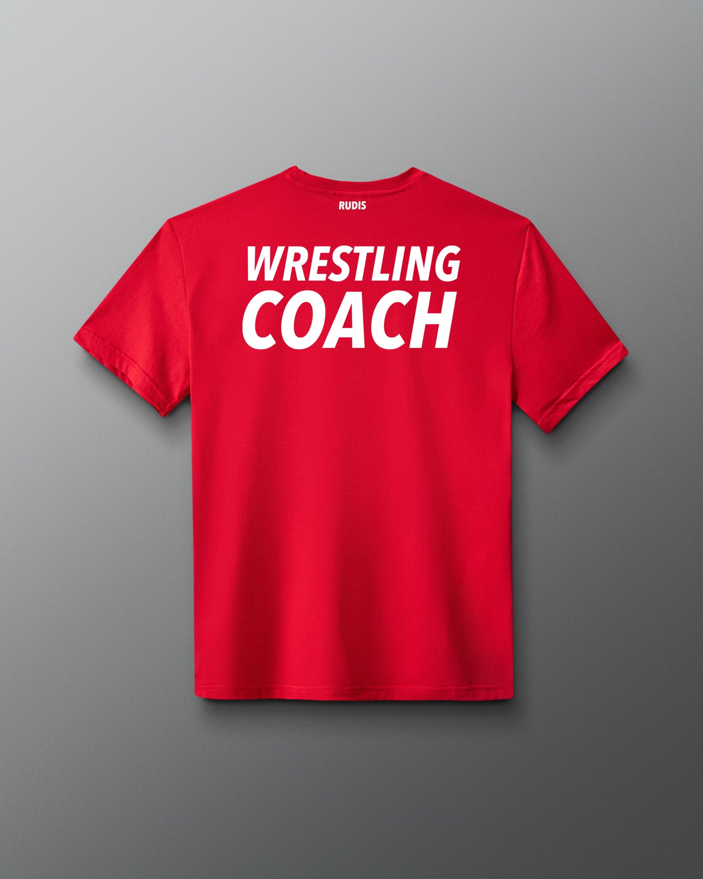 Red t-shirt with 'Wrestling Coach' text on the back against a gray background