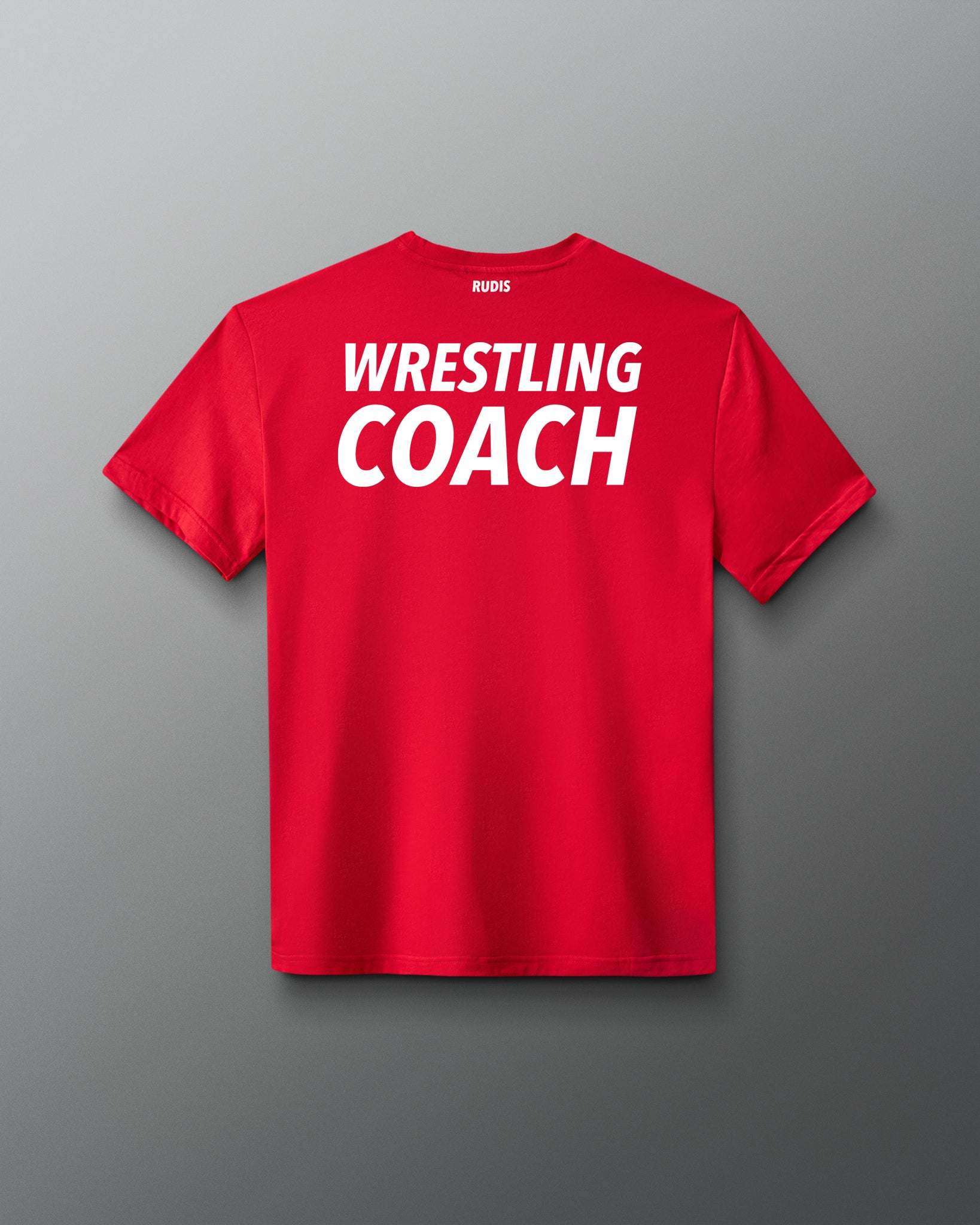 Red t-shirt with 'Wrestling Coach' text on the back against a gray background