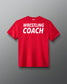 Red t-shirt with 'Wrestling Coach' text on the back against a gray background
