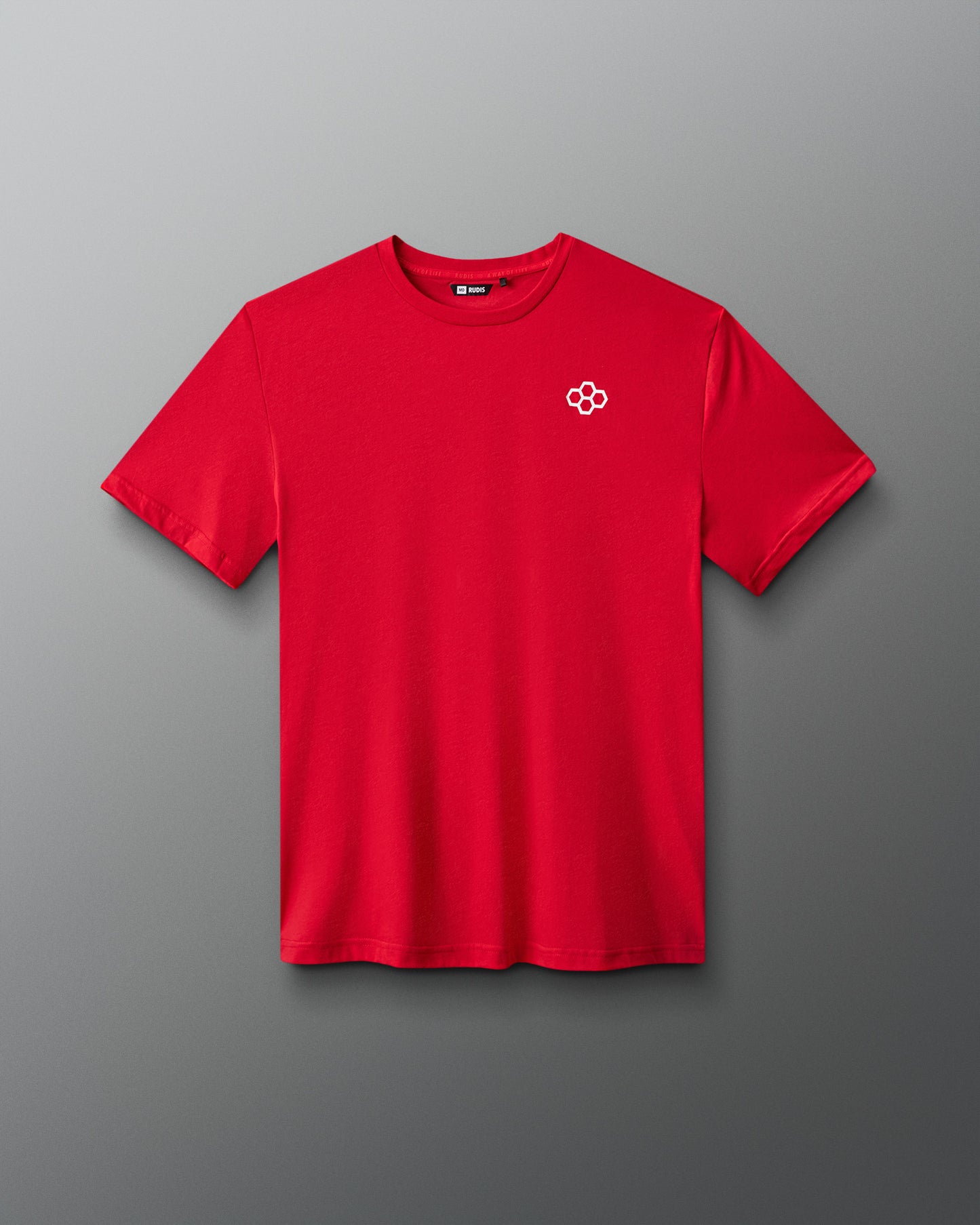 Red t-shirt with a white logo on a gray background