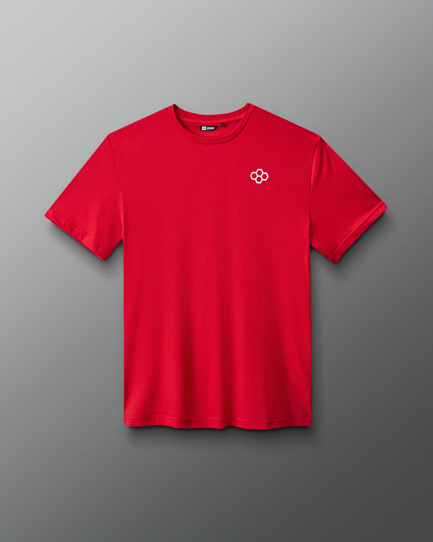 Red t-shirt with a white logo on a gray background