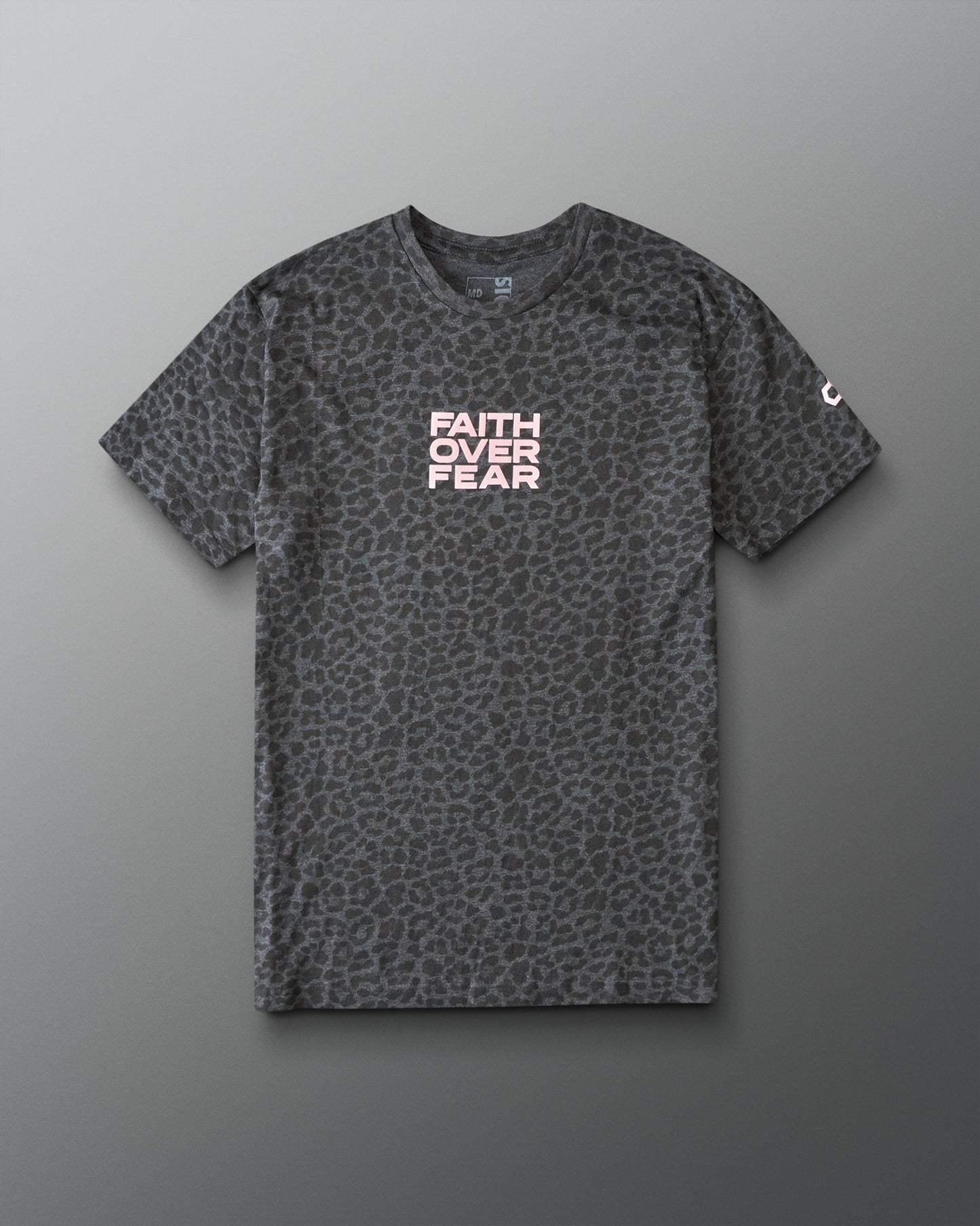 Gray animal printed t-shirt with 'Faith Over Fear' text on a gray background