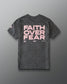 Gray animal printed t-shirt with leopard print pattern and 'Faith Over Fear' text on a gray background