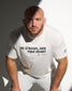 Athlete wearing the RUDIS Be Strong, Take Heart Elite Super Soft T-Shirt in white featuring bold motivational typography and premium everyday comfort.