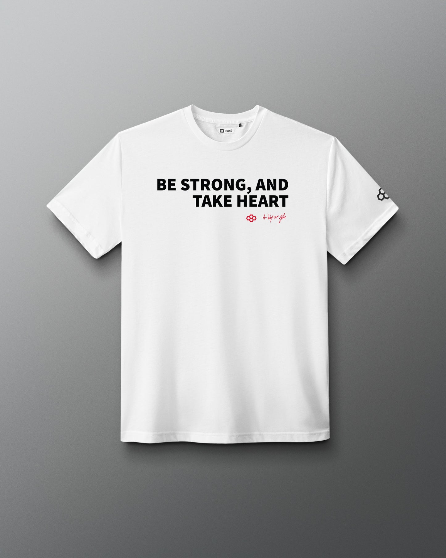 White t-shirt with 'Be strong, and take heart' text on a gray background