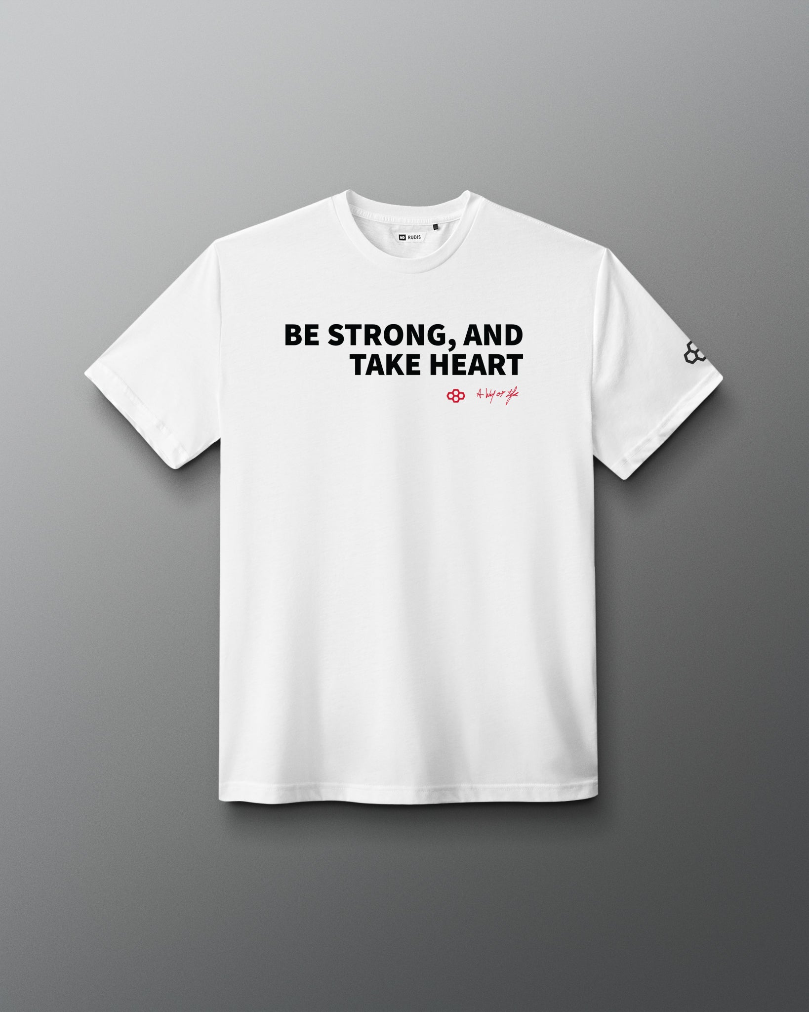 White t-shirt with 'Be strong, and take heart' text on a gray background