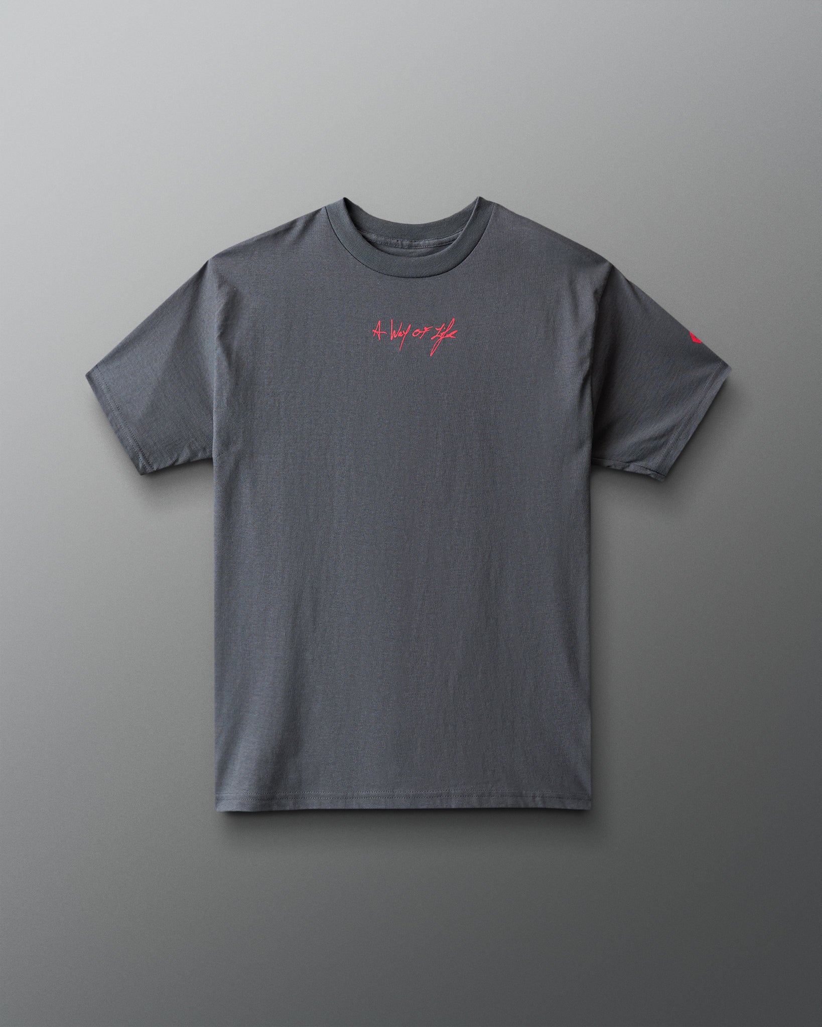 Gray t-shirt with red 'A way of life' text on a gray background
