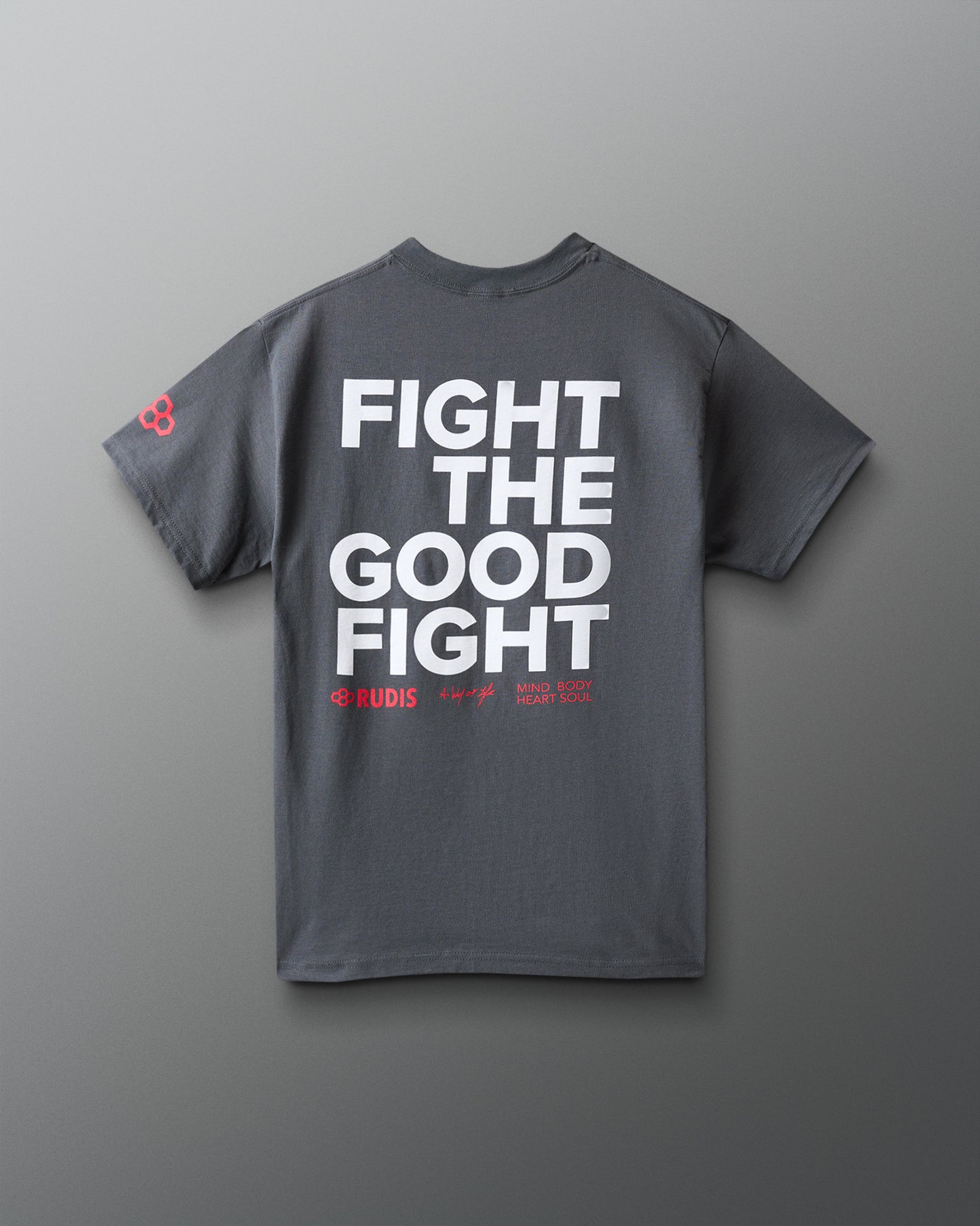 Gray t-shirt with 'Fight the Good Fight' text on a gray background