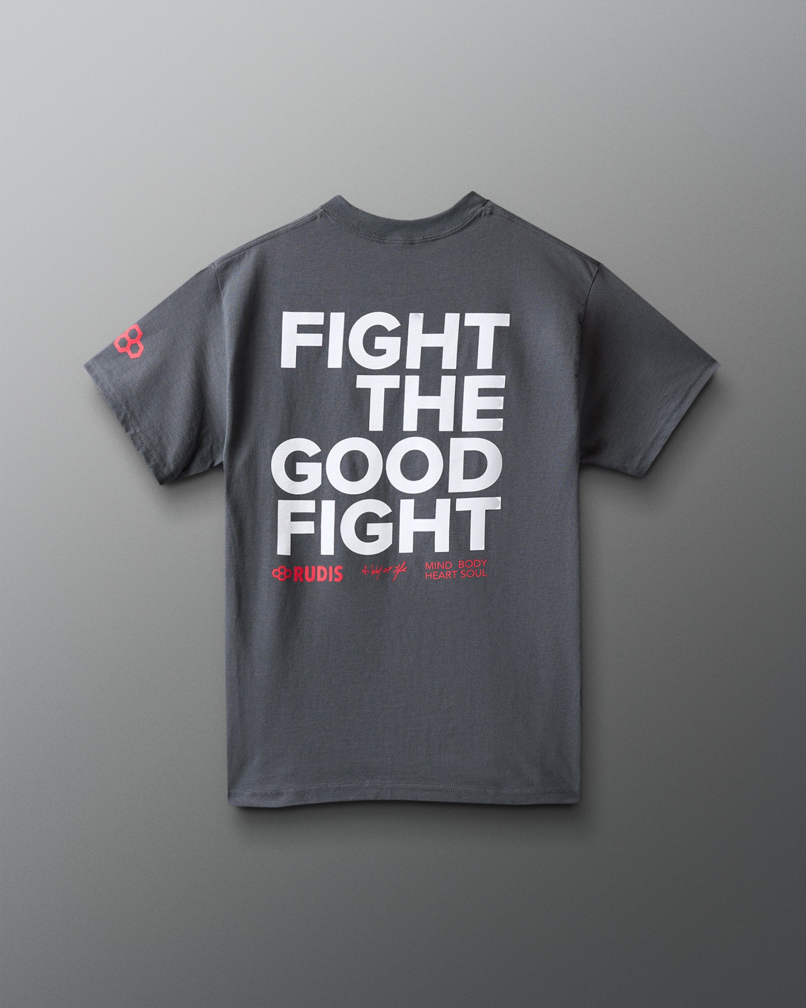 Gray t-shirt with 'Fight the Good Fight' text on a gray background