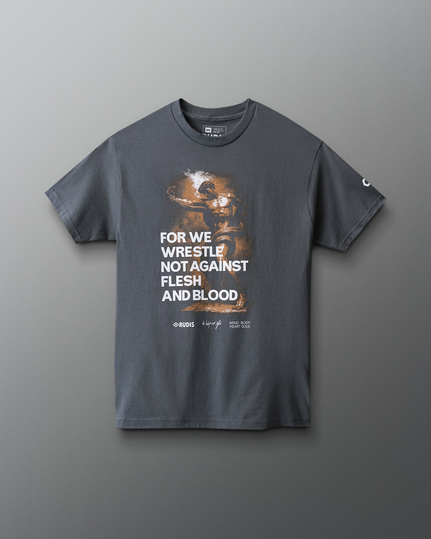 Gray t-shirt with graphic design and 'For we wrestle not against flesh and blood' text on a gray background