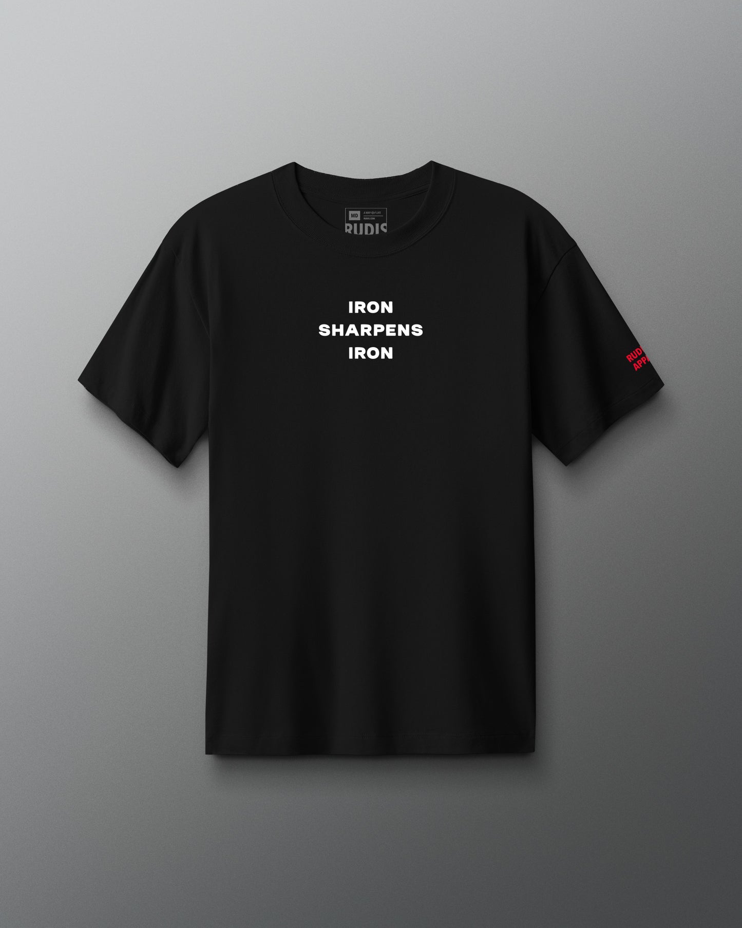 Black t-shirt with 'IRON SHARPENS IRON' text on a gray background
