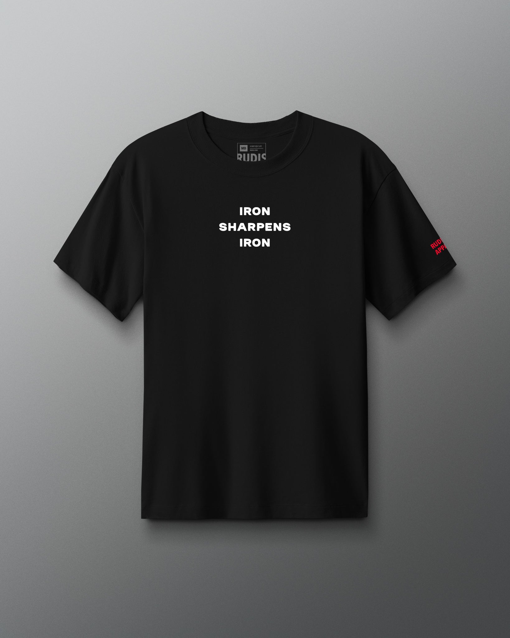 Black t-shirt with 'IRON SHARPENS IRON' text on a gray background