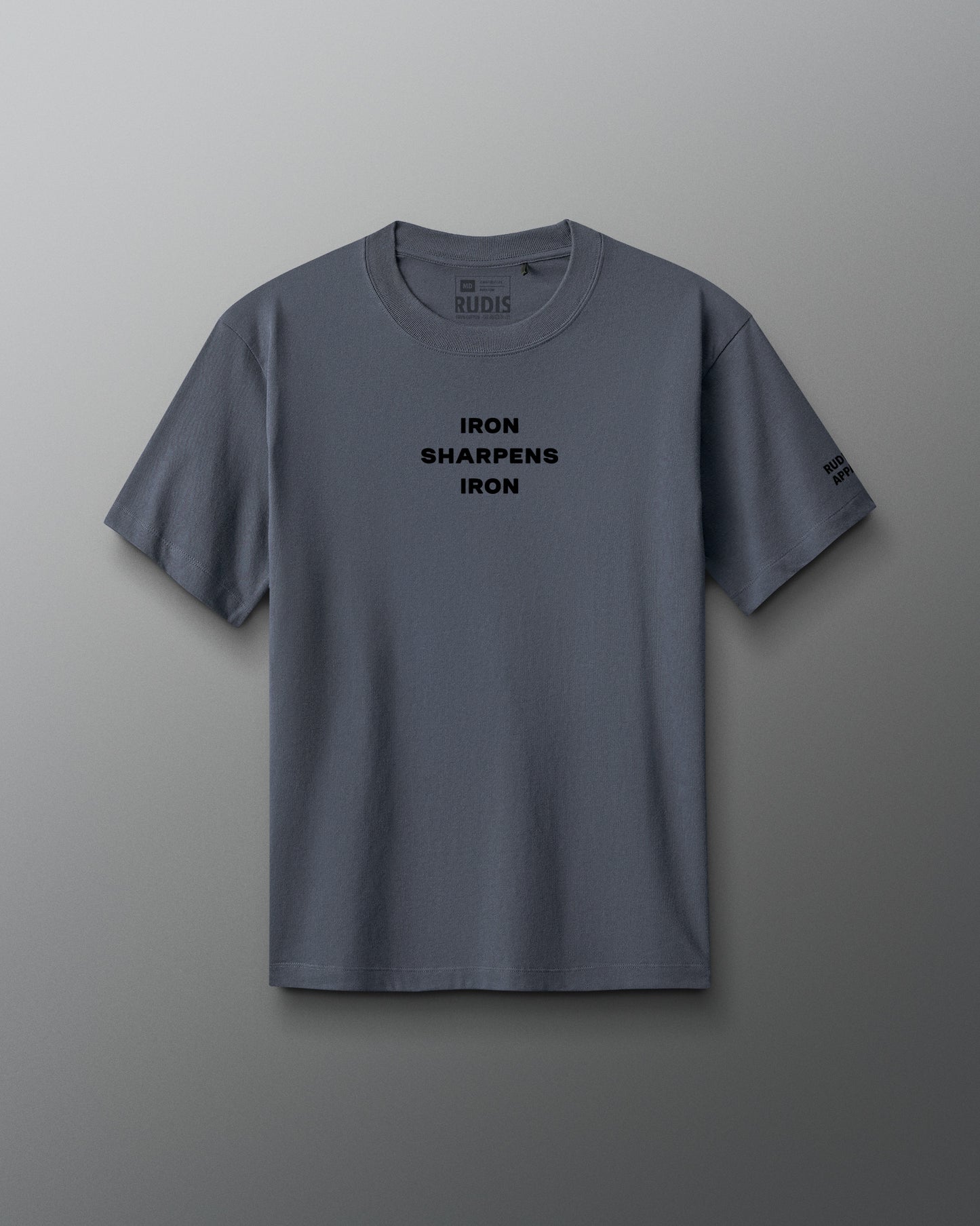Gray t-shirt with 'IRON SHARPENS IRON' text on a gray background