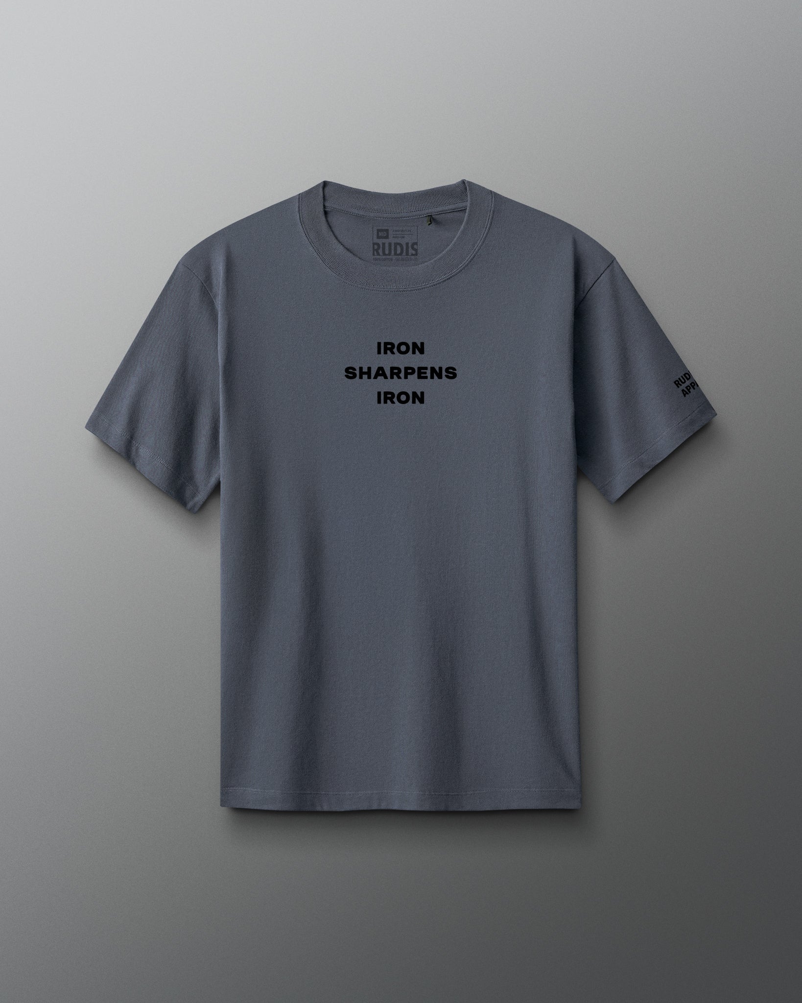 Gray t-shirt with 'IRON SHARPENS IRON' text on a gray background