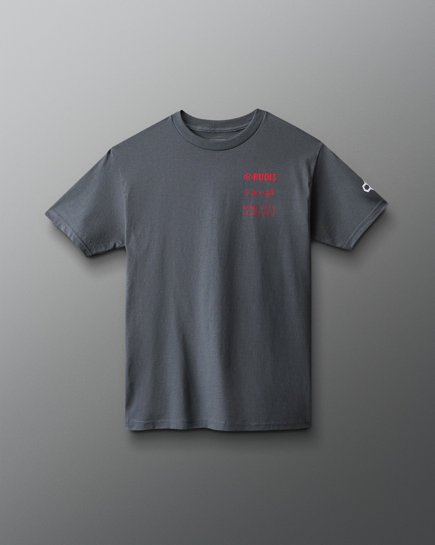 Gray t-shirt with red text on a gray background