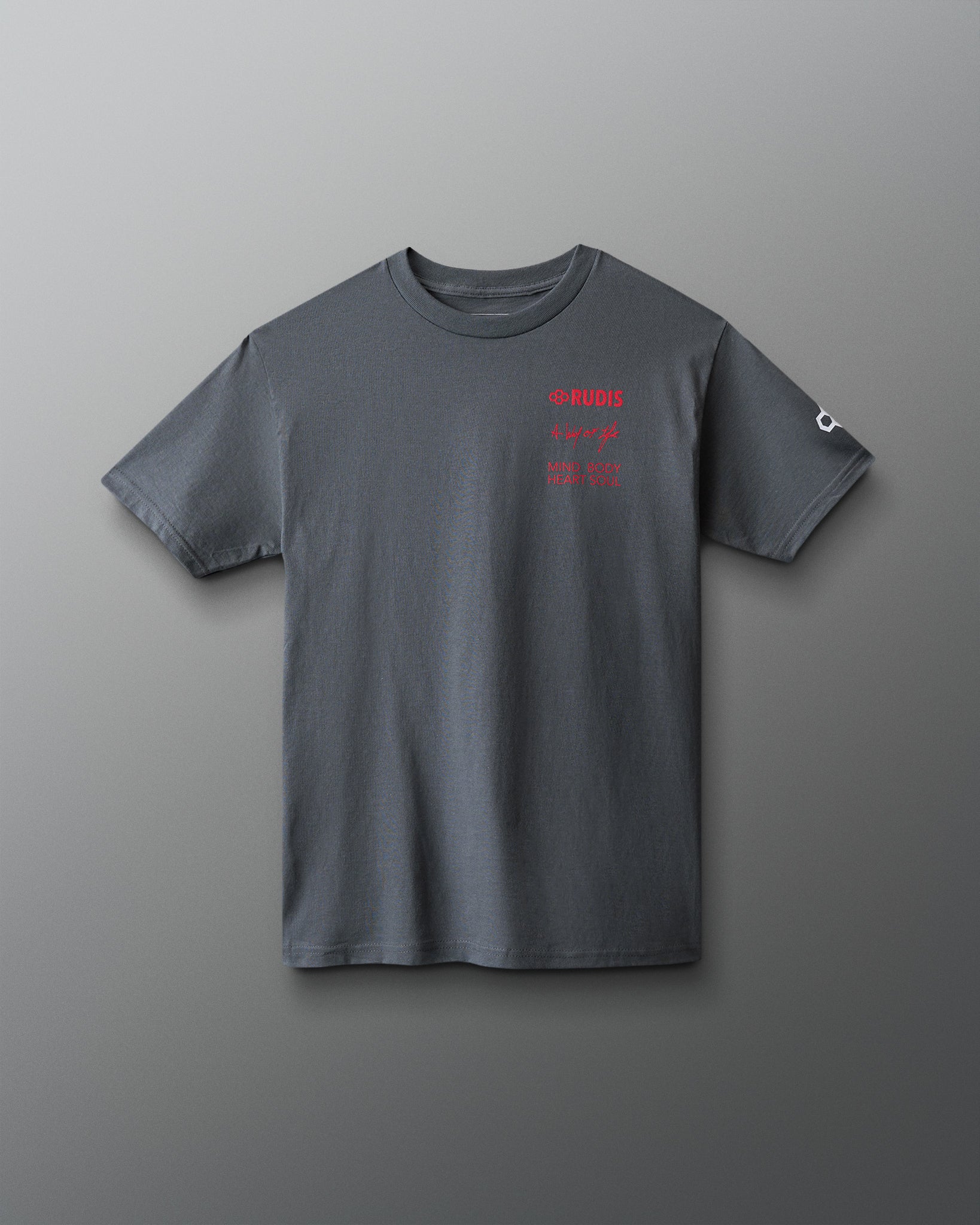 Gray t-shirt with red text on a gray background