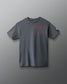 Gray t-shirt with red text on a gray background