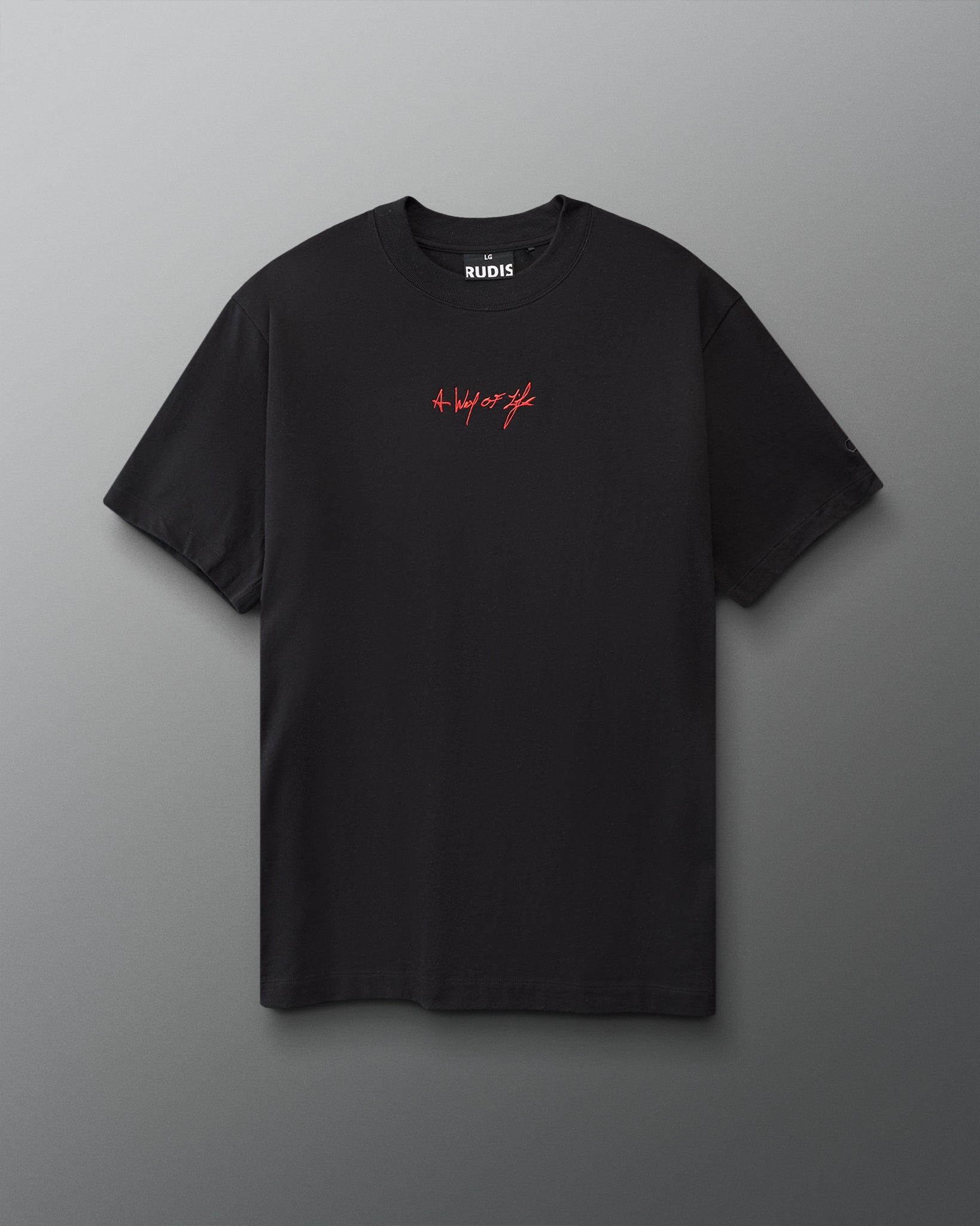 Black t-shirt with red 'A Way of life' text on a gray background