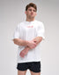 Man wearing a white t-shirt with red 'A way of life' text and black shorts on a gray background